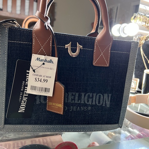 True Religion Blue Denim and Tan Leather Tote - Picture 1 of 3